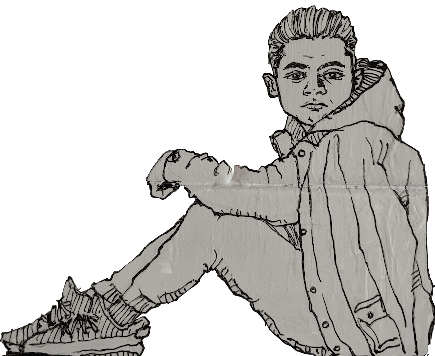 Hand-drawn illustration of Ryan sitting with an arm resting on one knee