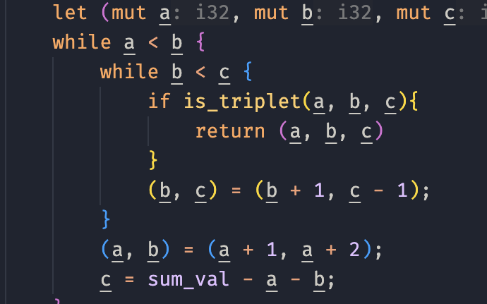 Rust code with nested while loops searching for a Pythagorean triplet