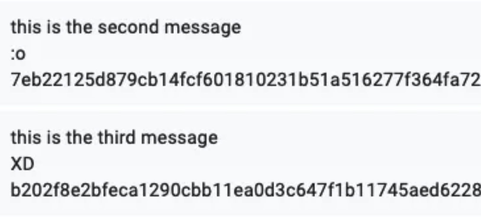 Two test messages, each shown with its hash