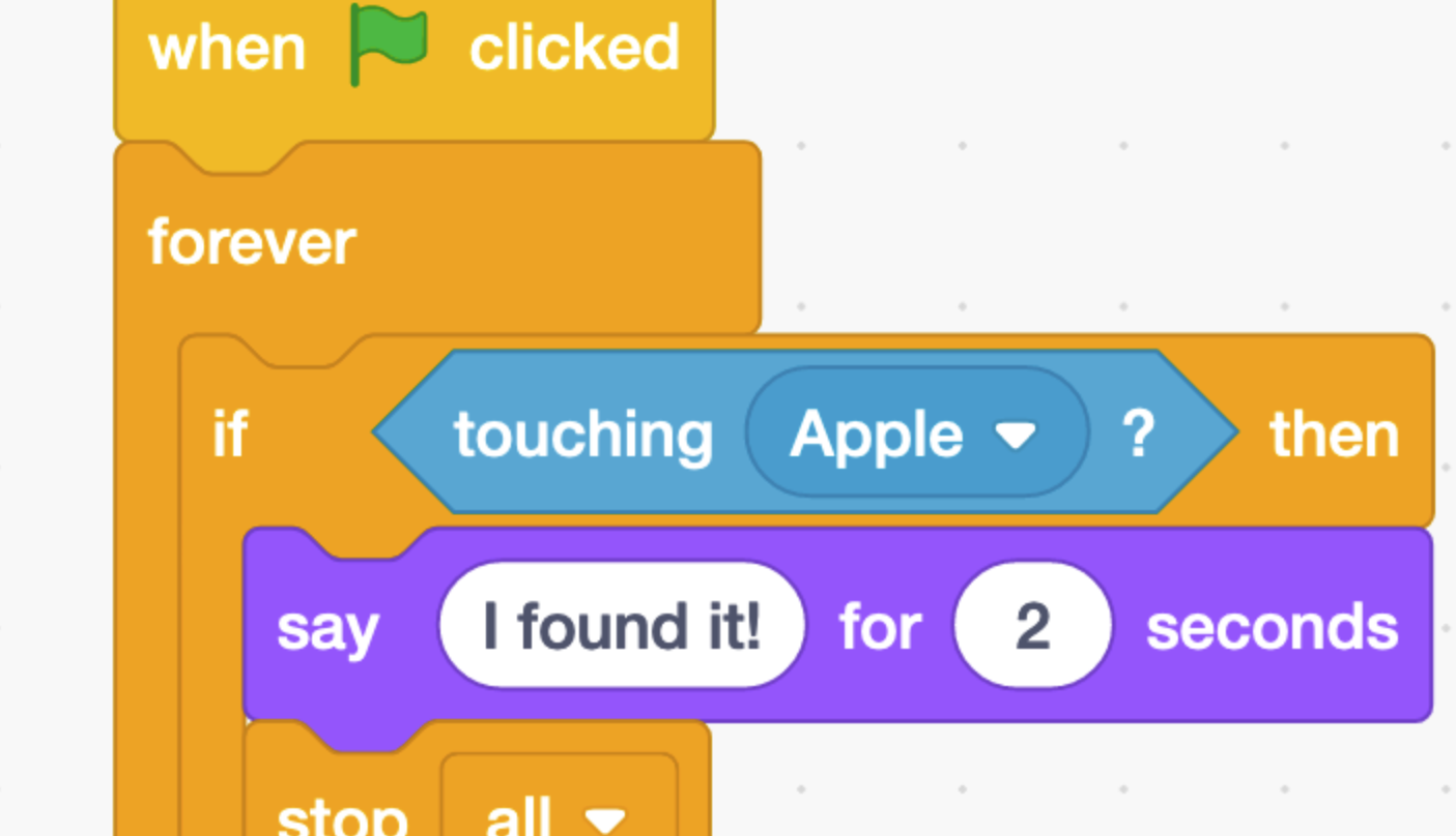 Scratch code blocks: when the green flag is clicked, forever check if touching Apple, then say “I found it!” for 2 seconds